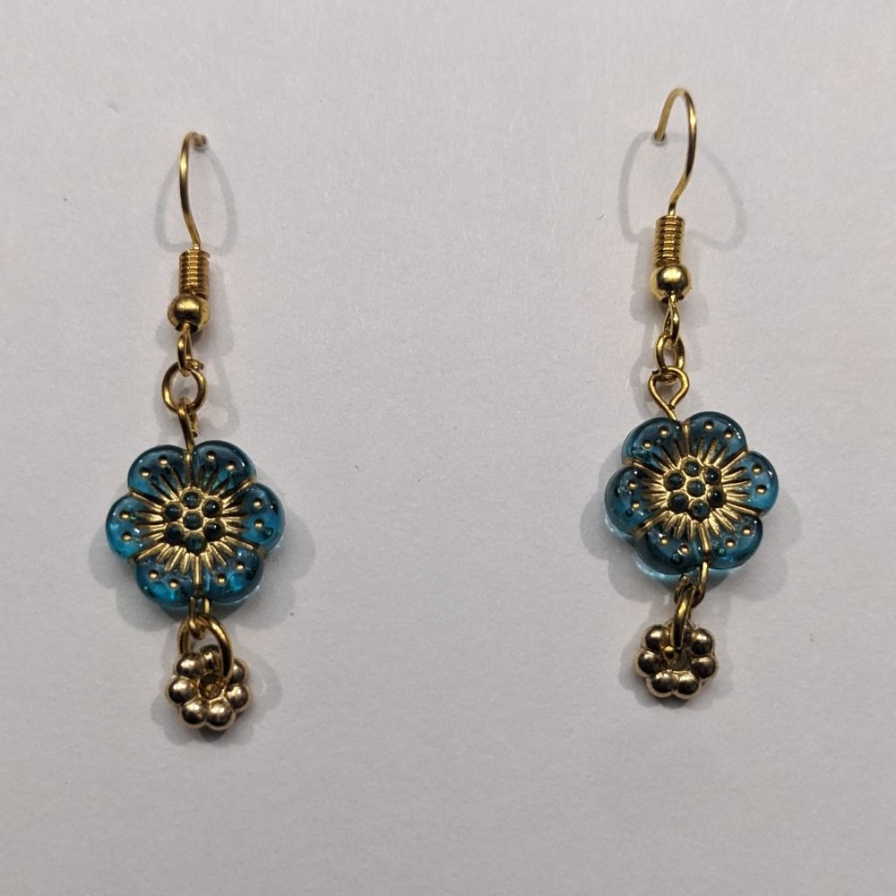 Teal and Gold Flower Dangle Earrings